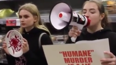 【动保组织冲进超市,阻拦顾客买火鸡】12月17日,一群动保组织成员冲进英国布莱顿的一家超市