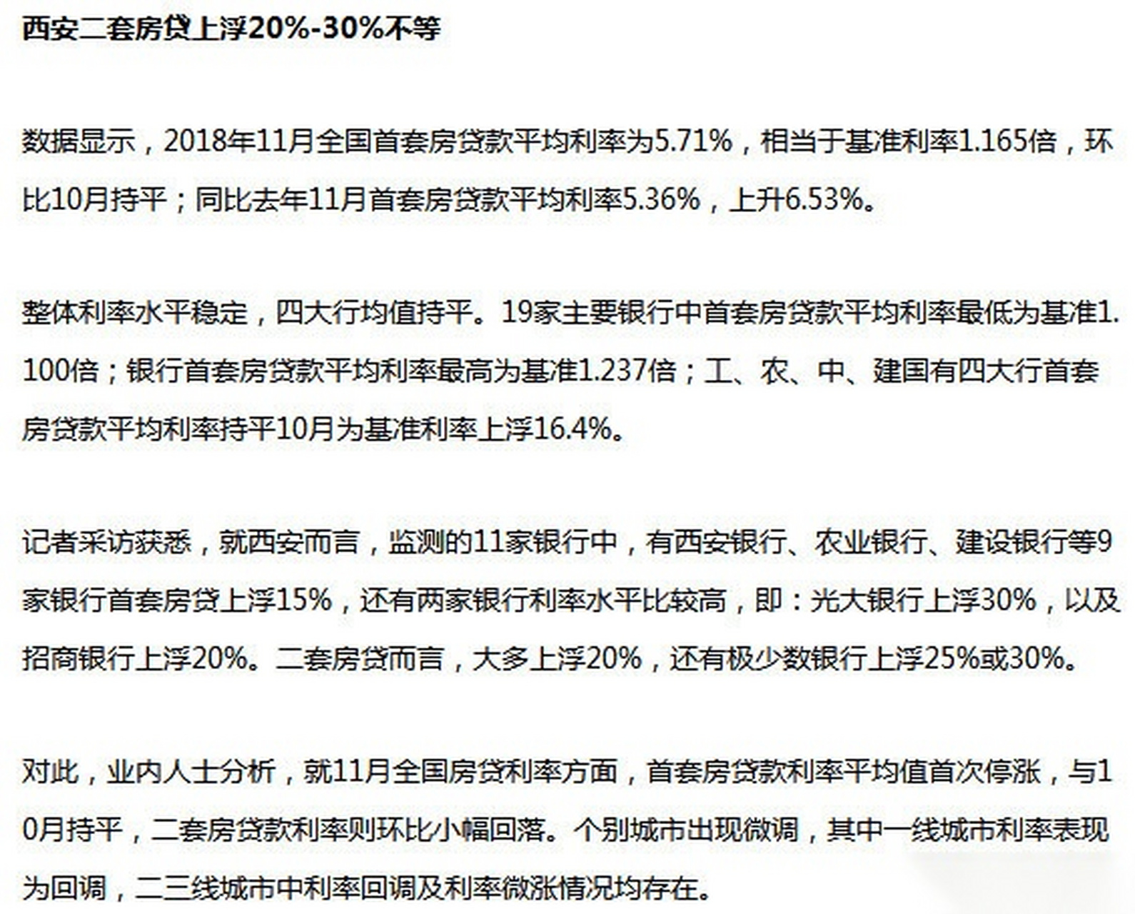 【西安首套房贷利率最低上浮15% 部分银行上浮30%】数据显示,2018年11