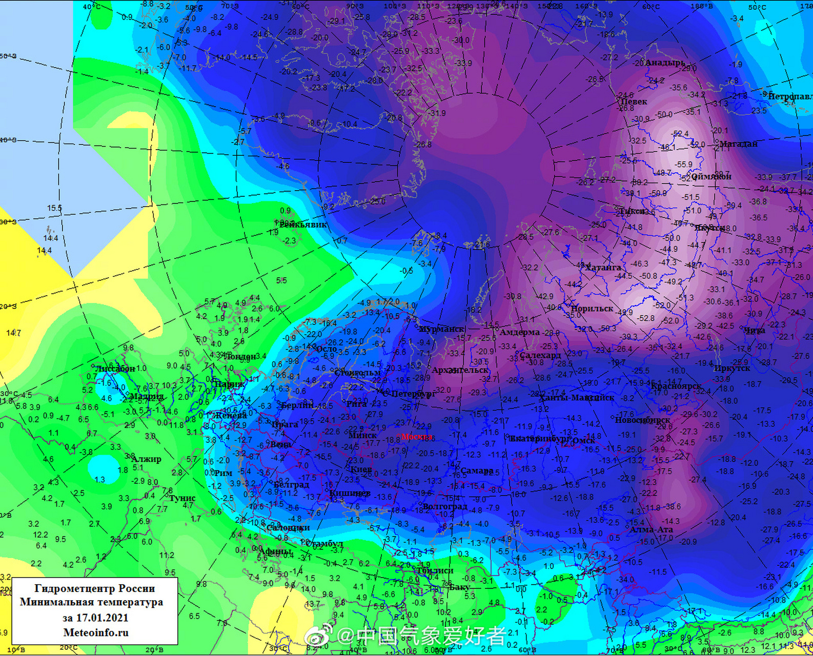 天气# 今天早上,北半球冷极之一的俄罗斯上扬斯克最低气温跌至-57.