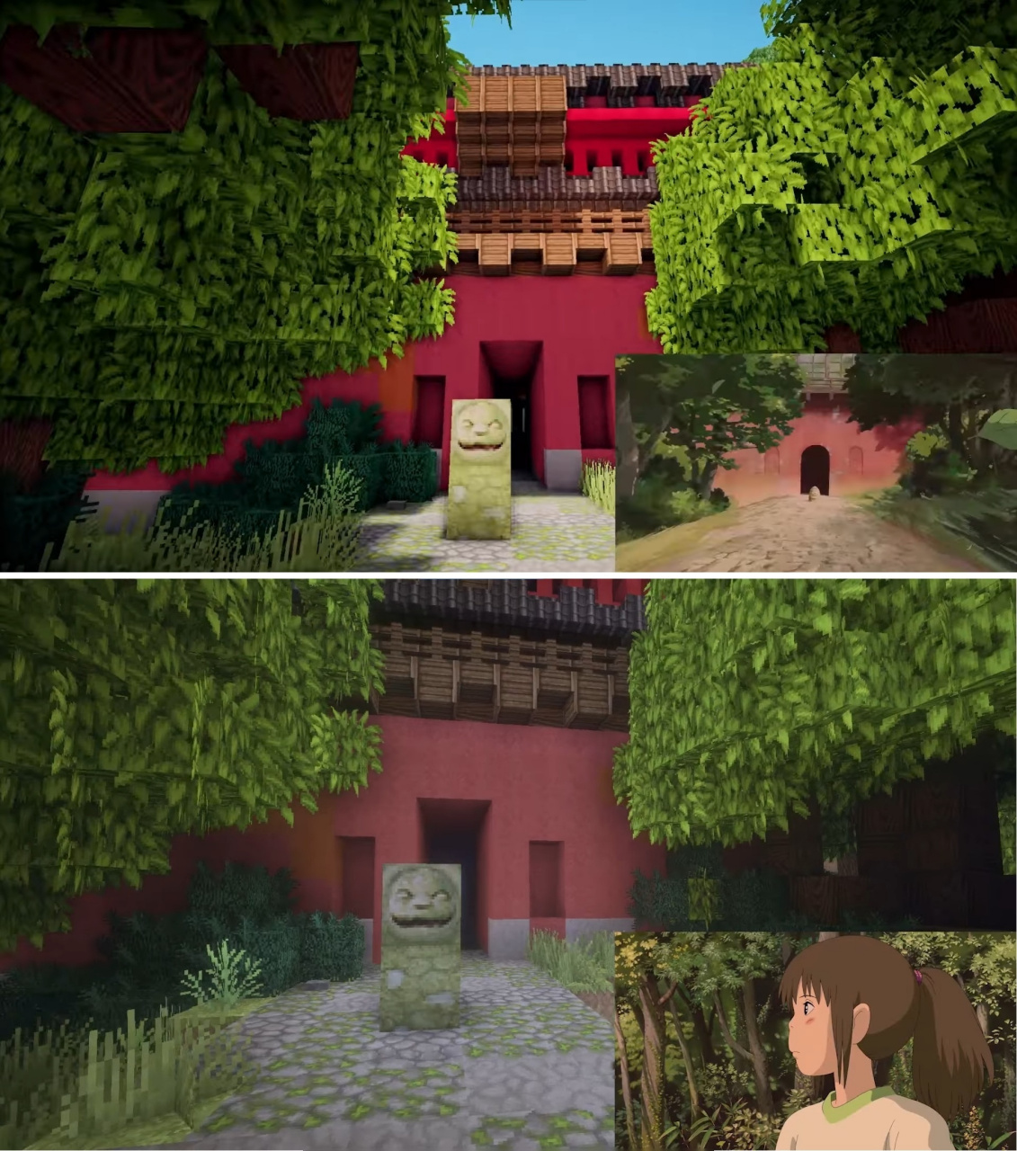 国外大神在沙盒游戏《我的世界》里高度还原了《千与千寻》的神隐世界