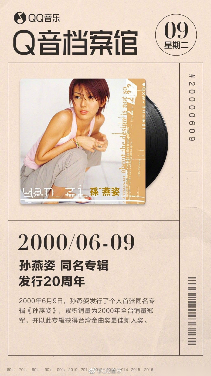 20年前的今天,孙燕姿首张同名专辑发行,收录了《爱情证书》,《天黑黑