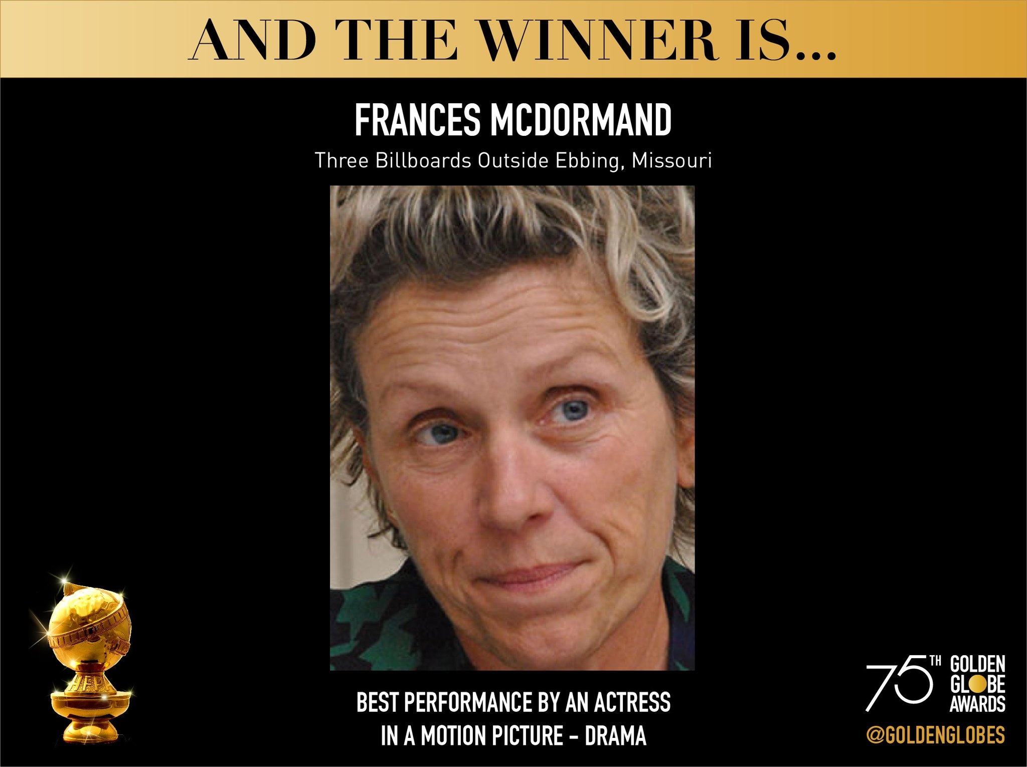 恭喜弗朗西斯·麦克道曼,凭借三块广告牌获得了第75届金球奖剧情类