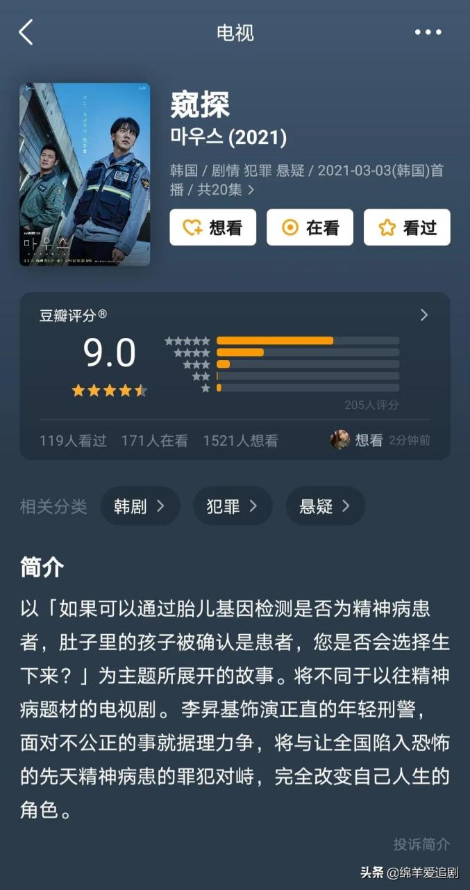 嚇到我了,才更新第一集的韓劇《窺探|mouse》豆瓣居然開分了,居然高達