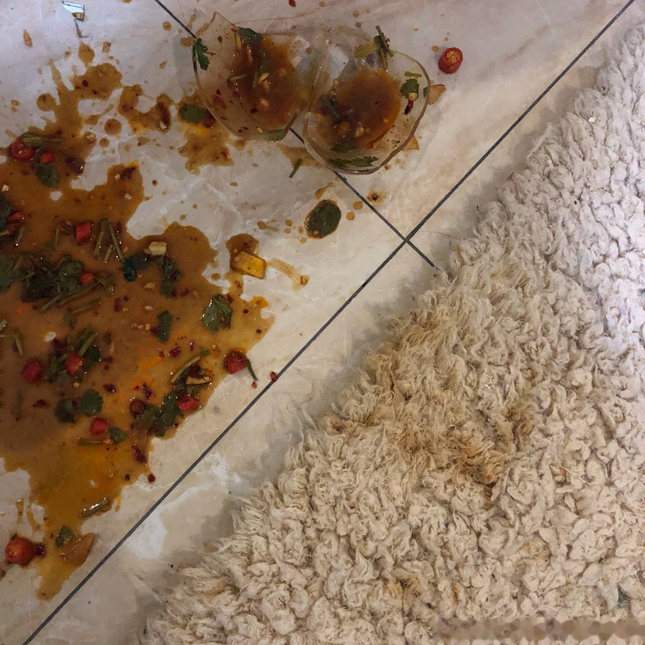 刚刚不小心把碗给踢碎了 火锅调料洒在了abby的地毯上 她会不会杀了我