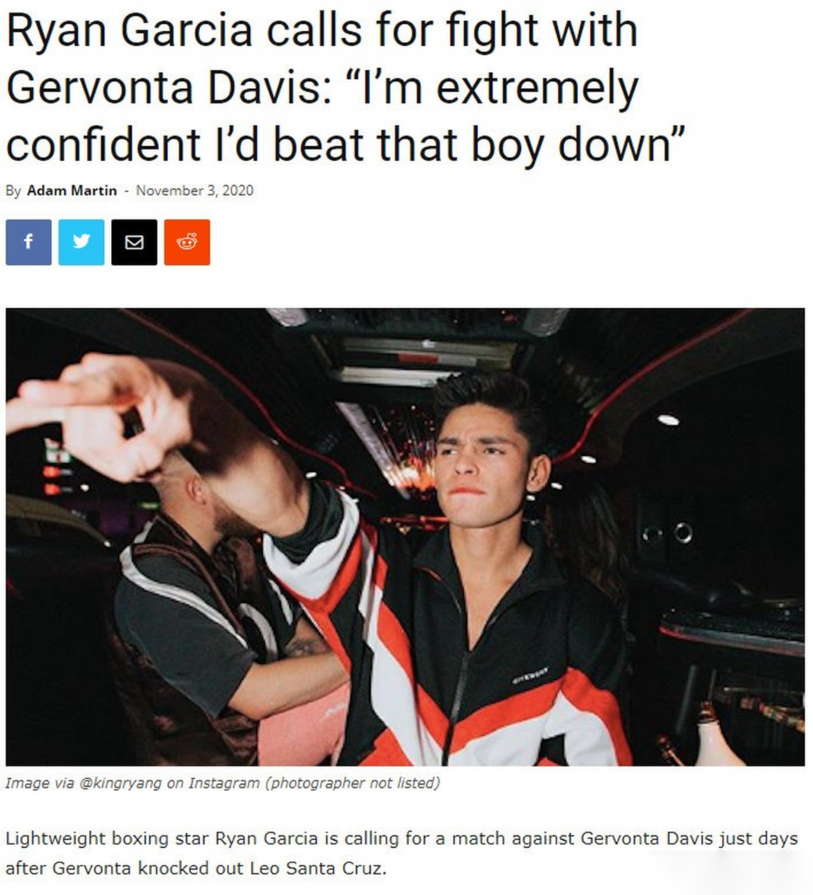 瑞恩·加西亚在戴维斯比赛过后,对其发起了挑战,并且希望戴维斯不要避