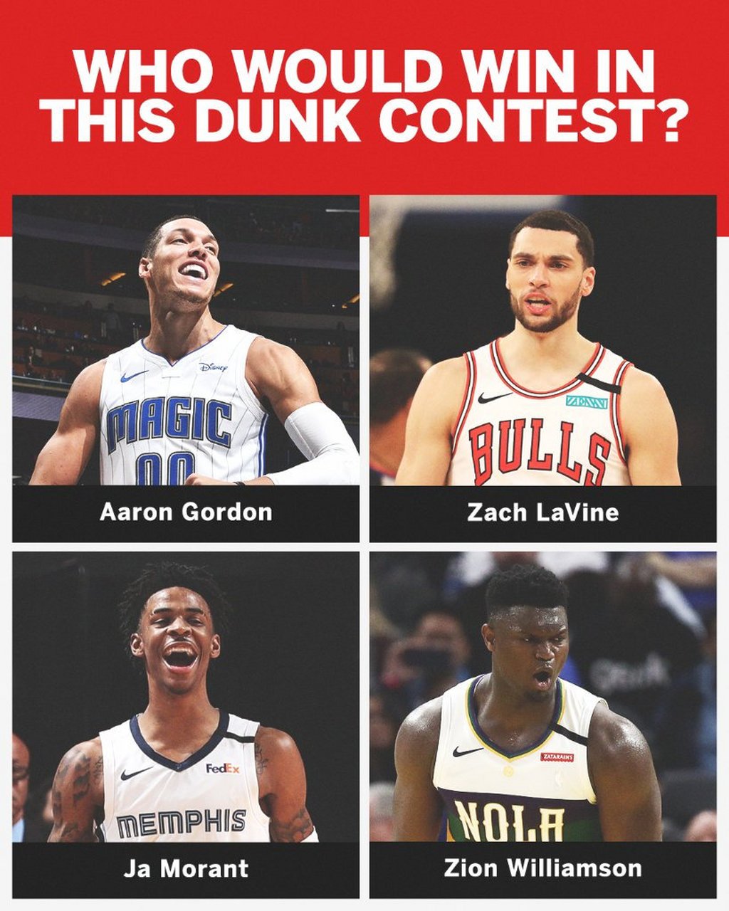 espn晒图:这四人参加扣篮大赛,谁能夺冠? #詹姆斯##nba吐槽大会##nba