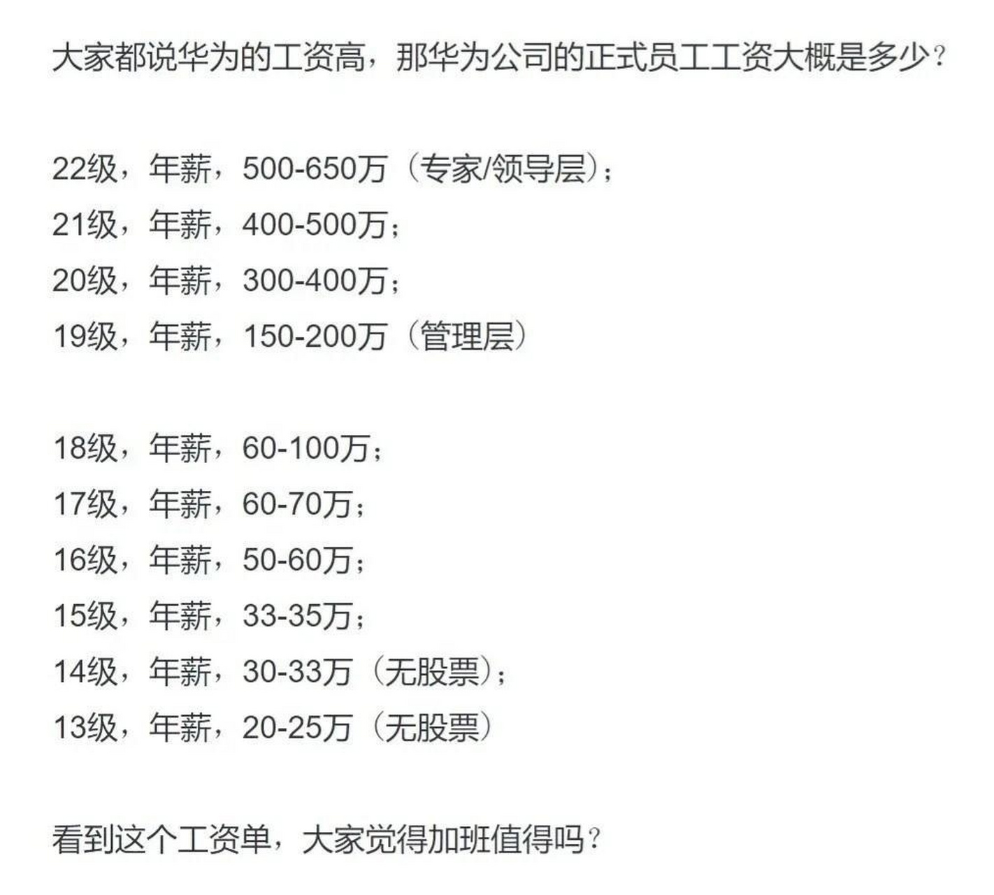 网传华为的职级与工资单 看到这份工资单,大家觉得加班值得吗?