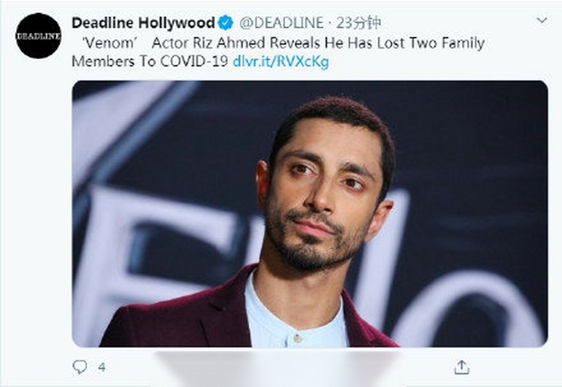 毒液主演里兹阿迈德家人因新冠去世 据外媒,在电影毒液 中饰演反派"