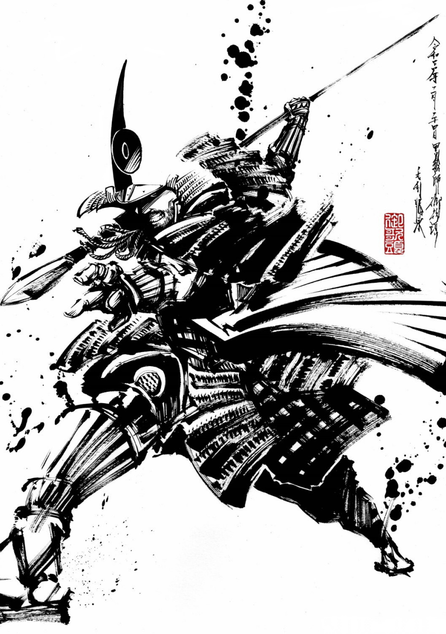 日本画师笔下的毛利胜永,推特账号:墨絵師 御歌頭(okazu)