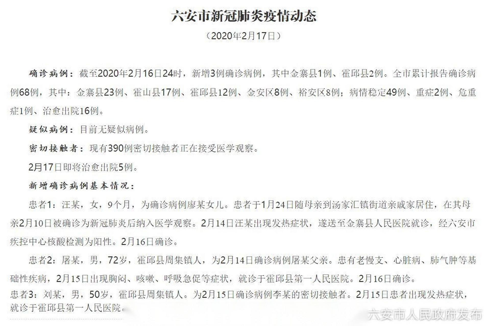 六安新增3例确诊病例基本情况公布!