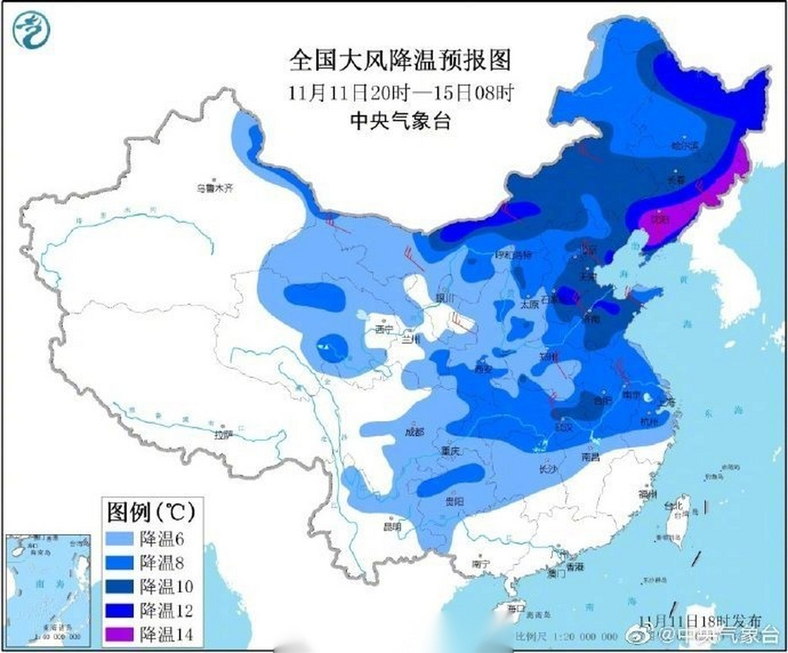 【天气预报图冷到发紫】受强冷空气影响,我国中东部地区将出现大风