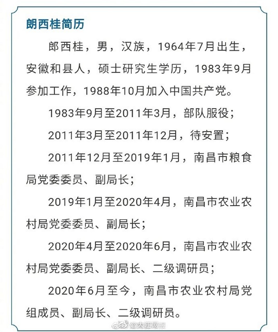 【南昌市农业农村局党组成员,副局长郎西桂接受纪律审查和监察调查】