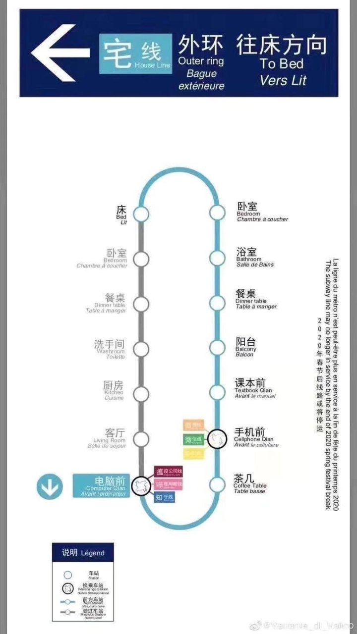 歡迎您乘坐軌道交通宅號線,本次列車終點站:床.