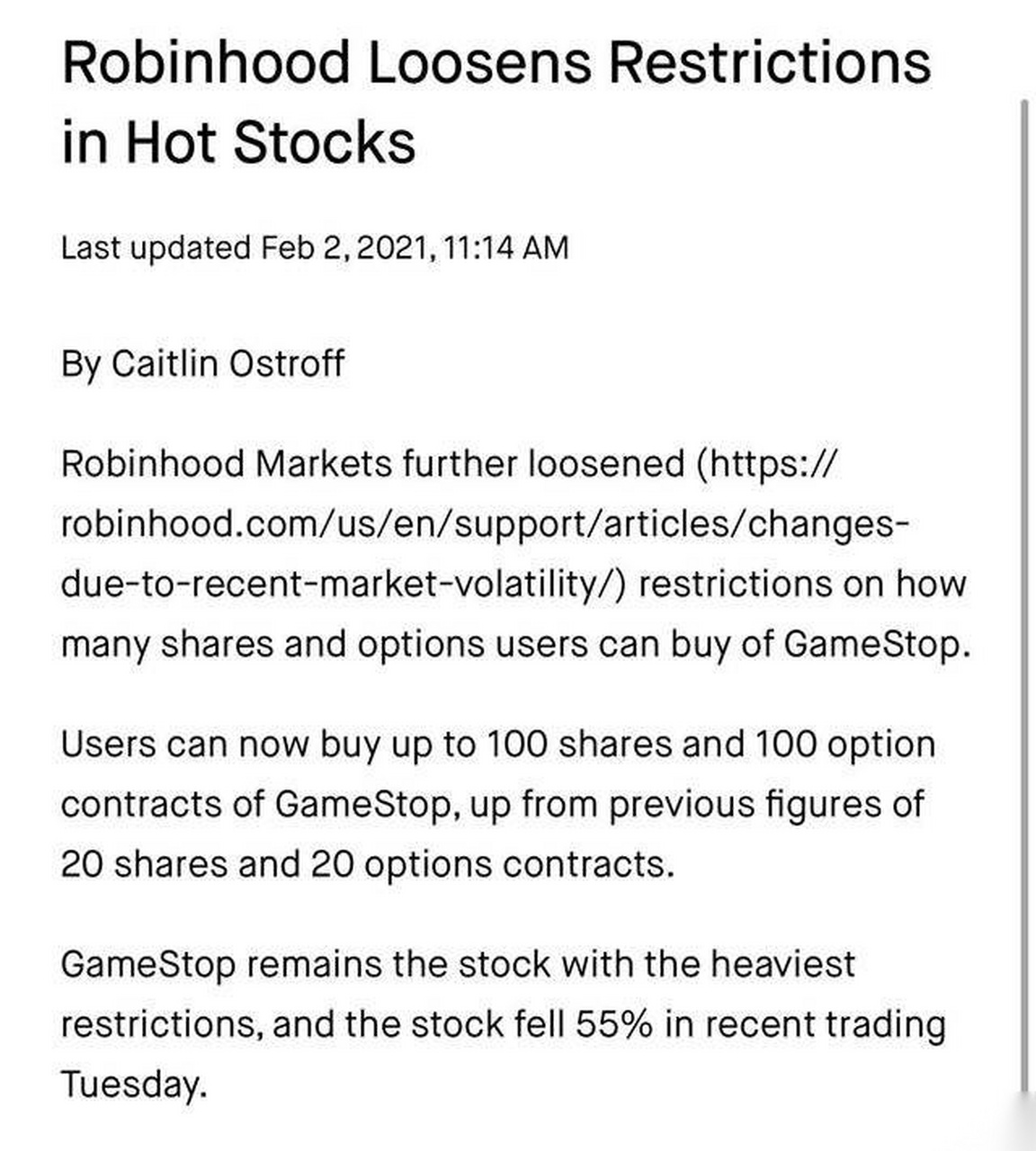 robinhood宣布放松对gamestop等股票的限制,gamestop股价反弹回到100