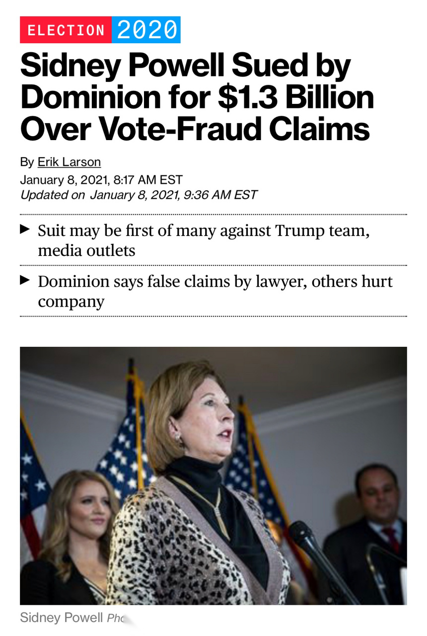 dominion投票系统公司状告sidney powell诽谤,要求赔偿13亿.