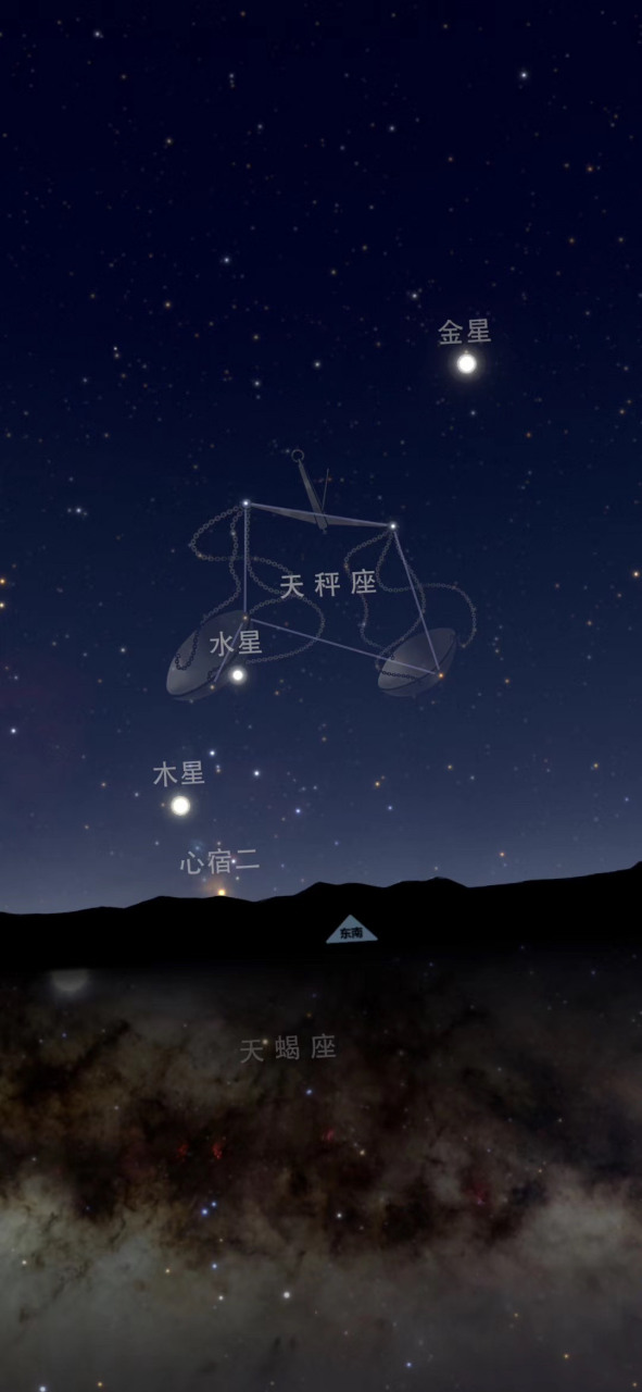 朋友发来今晨星象,我大天秤与三星连珠映空.
